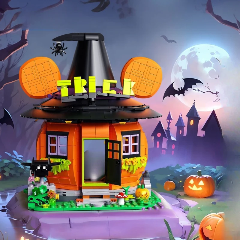 

Тыквенный дом, тематические строительные блоки на Хэллоуин, креативный детский подарок, игрушка в сборе.