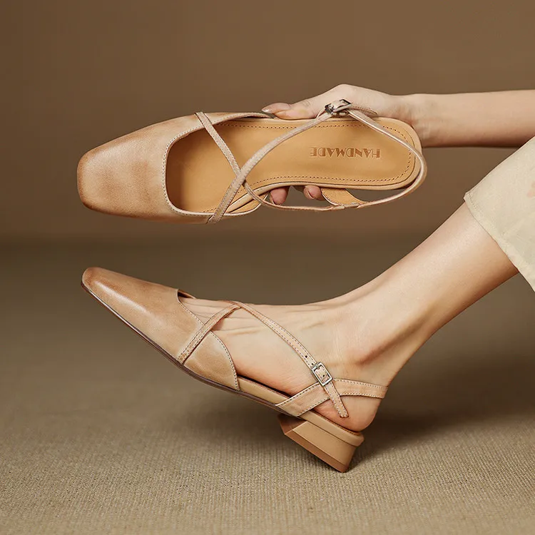 

Chic Design Apricot Leather Women Flats Sandals Square Toe Cross Thin Strap Sandalias Wine Red Slingback Chaussure Femmes Zapato