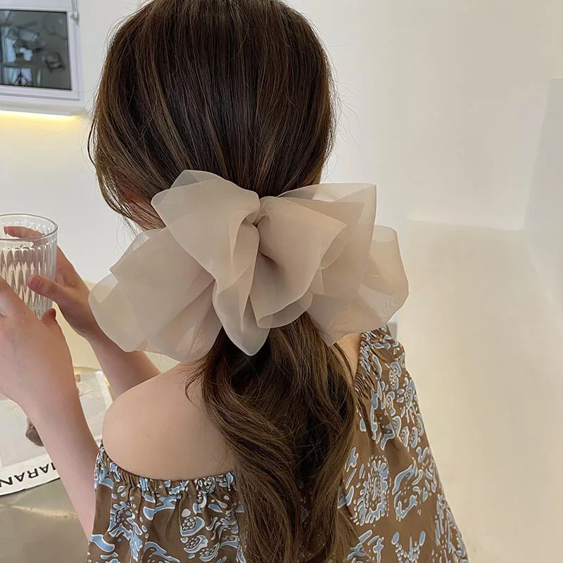 2023 New Black Oversize Bow Hairpin for Women Net Yarn Bowknot Ribbon Spring Clip Hair Clip Long Lady Wedding Summer Accessories