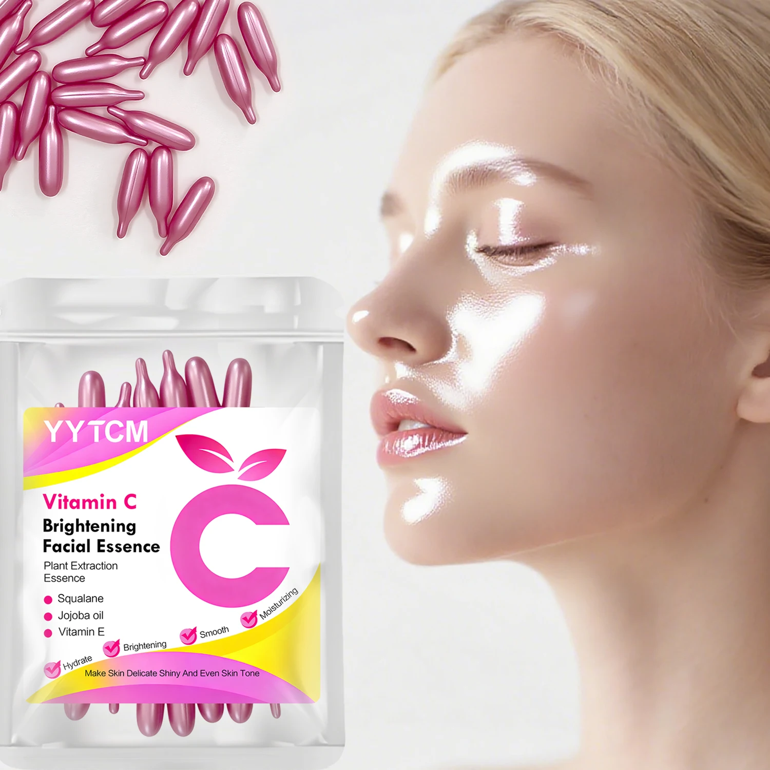 Essência em Cápsulas de Vitamina C para Iluminação e Hidratação da Pele, Hidrata e Suaviza a Pele, Contém Esqualano à Base de Plantas, Vitamina E, Óleo de Magnólia e Óleo de Semente de Jojoba para Hidratação Profunda e Iluminação da Pele (0.4Gx30 Cápsulas)/Saco-1 Saco