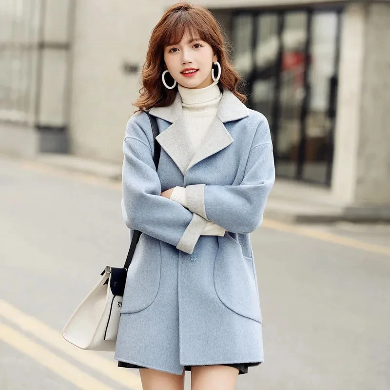 

2022 Spring And Autumn Women's New Fashion Lady Double-Sided Wool Jacket Medium And Long Woolen Coat Woolen Coat Vintage Green