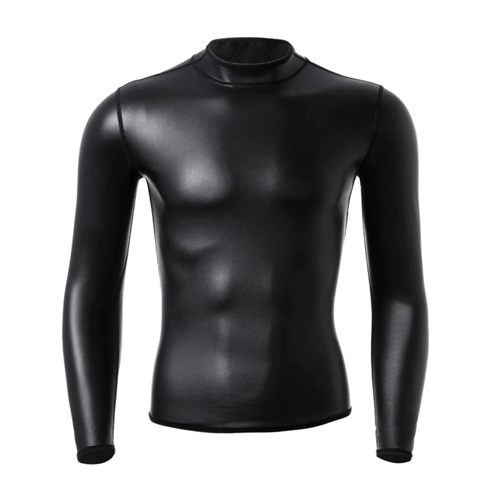 Men Wet Look Long Sleeve T-shirt Top Body Shapers Waist Trainer Shapewear Blouse