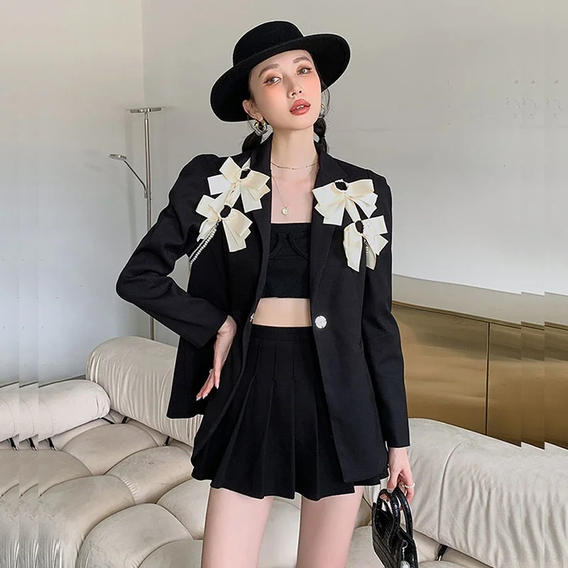 Black Casual Notched Collar Bow Decoration Women Suit Jacket Spring Women Casual Single Button Long Sleeve Female Blazers Coat