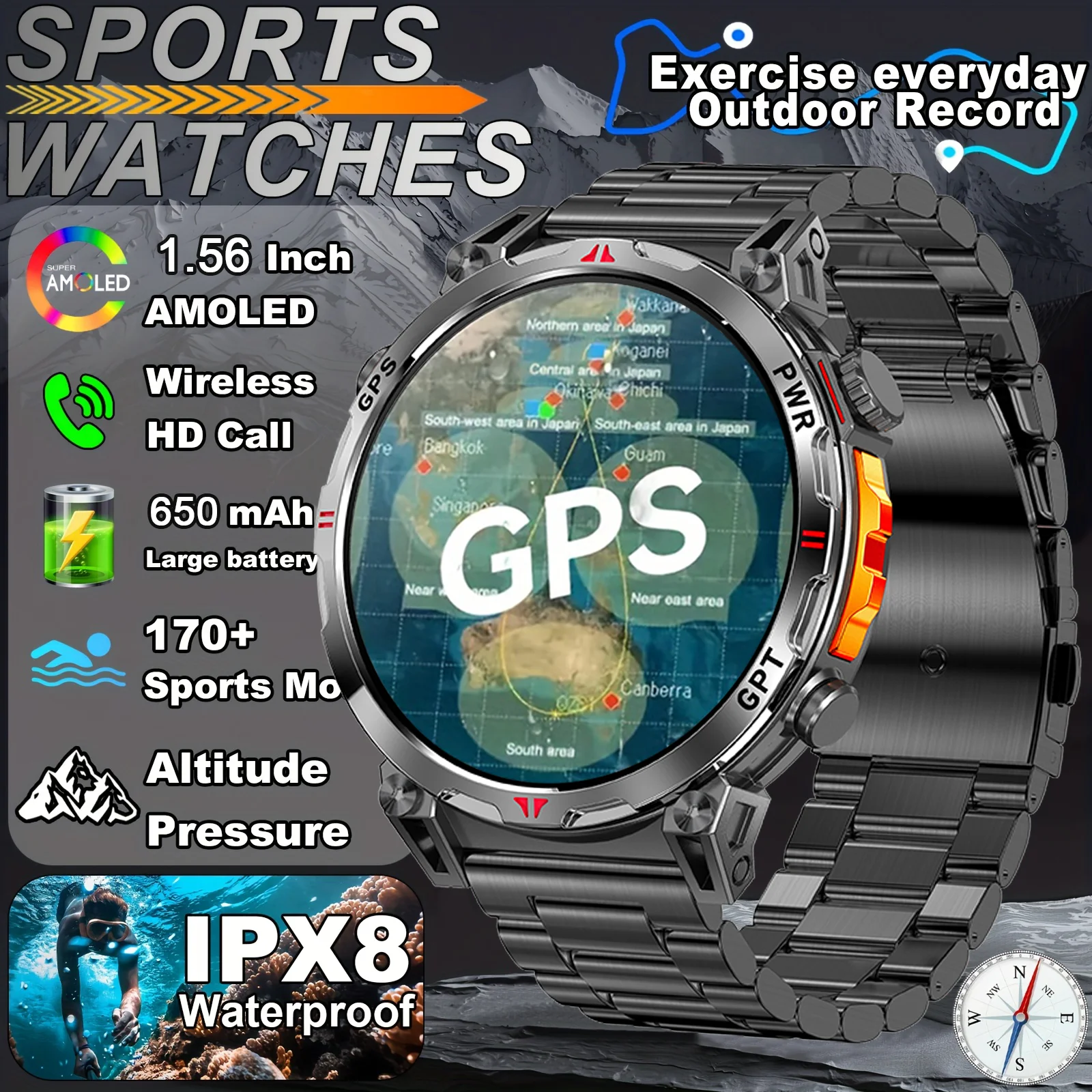 

T-REX Military Outdoor Sports GPS Smartwatch LED Flashlight, 650MAH Battery, 3ATM Waterproof Compass, Bluetooth Call, For Xiaomi