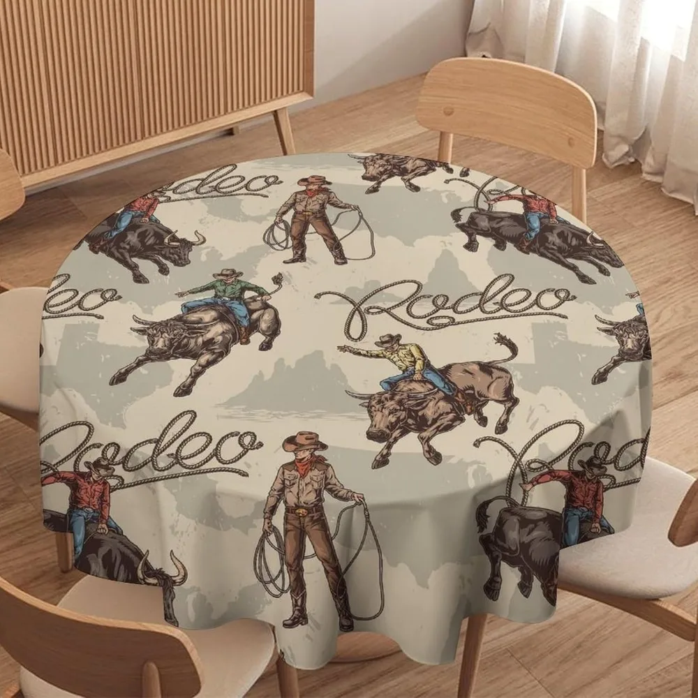 

Western Cowboy Round Tablecloth Country Farmhouse Cowboys Rodeo Pattern Print Washable Cover for Home Party Dining Room
