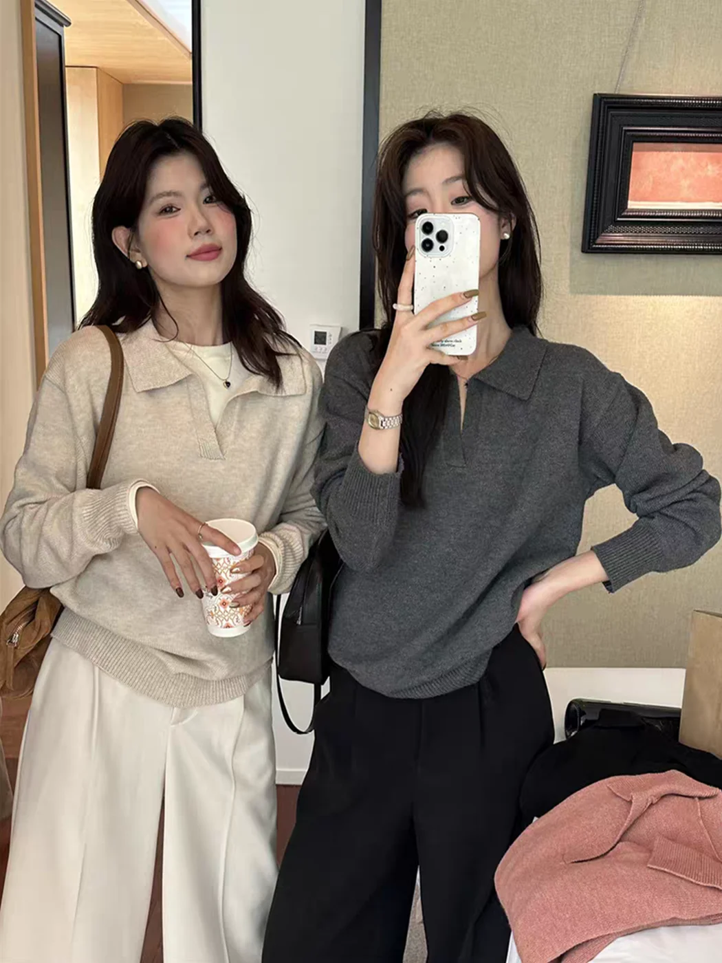 

Gray Collar Knitted Sweater Women's Inner Wear Base Layer Shirt Korean Style Top Loose Fit Autumn Winter New Arrival