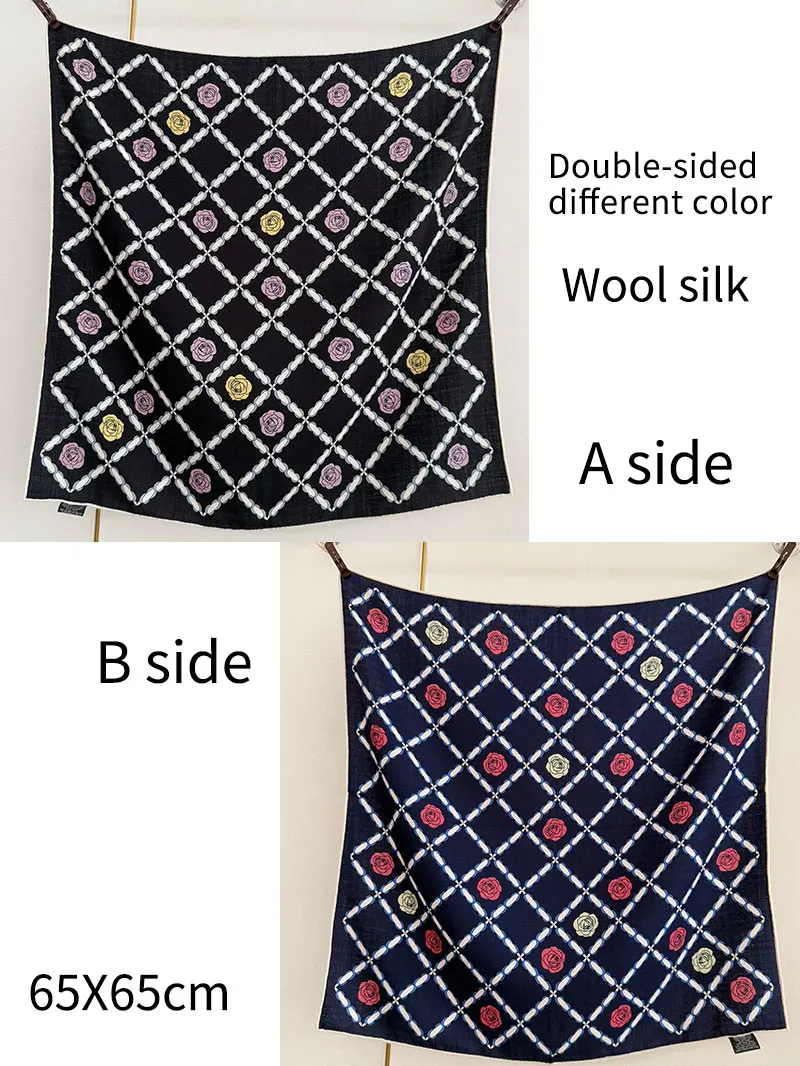 

Двусторонний контрастный цветной дизайн с цветком камелии, 70% шерсть, 30% шелковый шарф для женщин. Модный и теплый платок 65*65см.