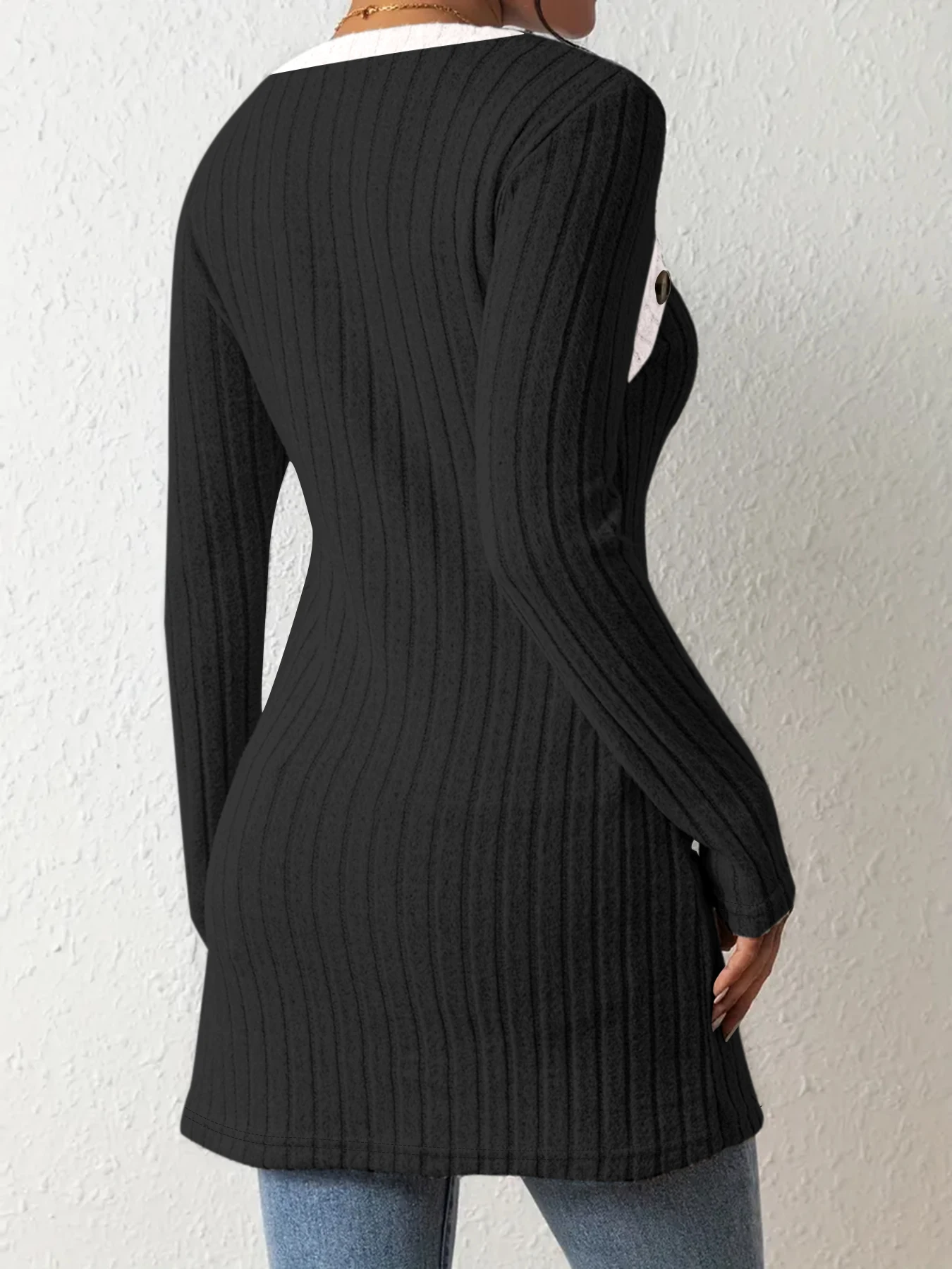 여성용 유로-아메리칸 스타일 스퀘어 넥 골지 니트 탑 - 긴 소매, 버튼 장식, 비대칭 밑단, 슬림핏 베이스 블라우스