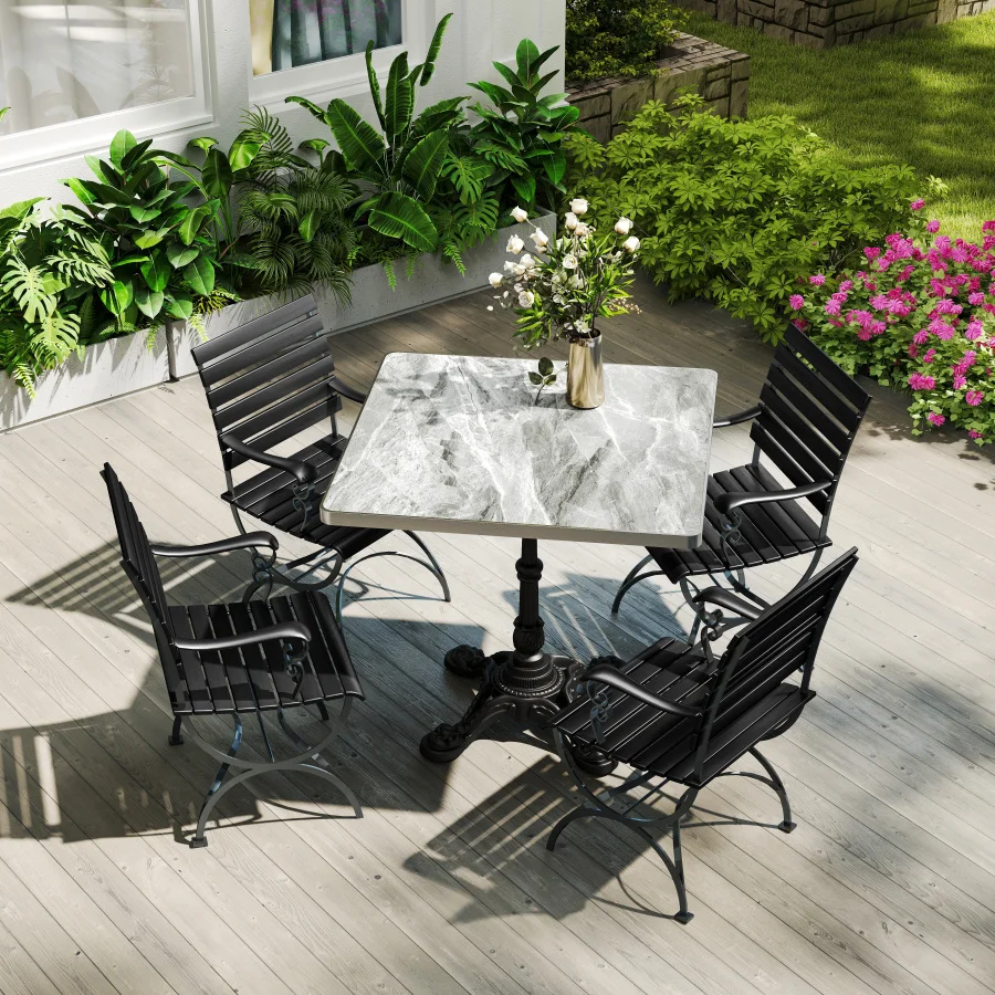 

Bistro, cafe, bar home use marble-look sintered stone square table in gray with heavy-duty cast iron base for durability and mo