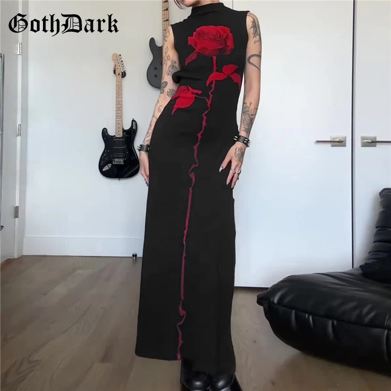 

Goth Dark Mall Gothic Rose Print Sleeveless Slim Long Dress Cyber Y2K Hem Split A-line Dresses Women Sexy Backless Party Vestido