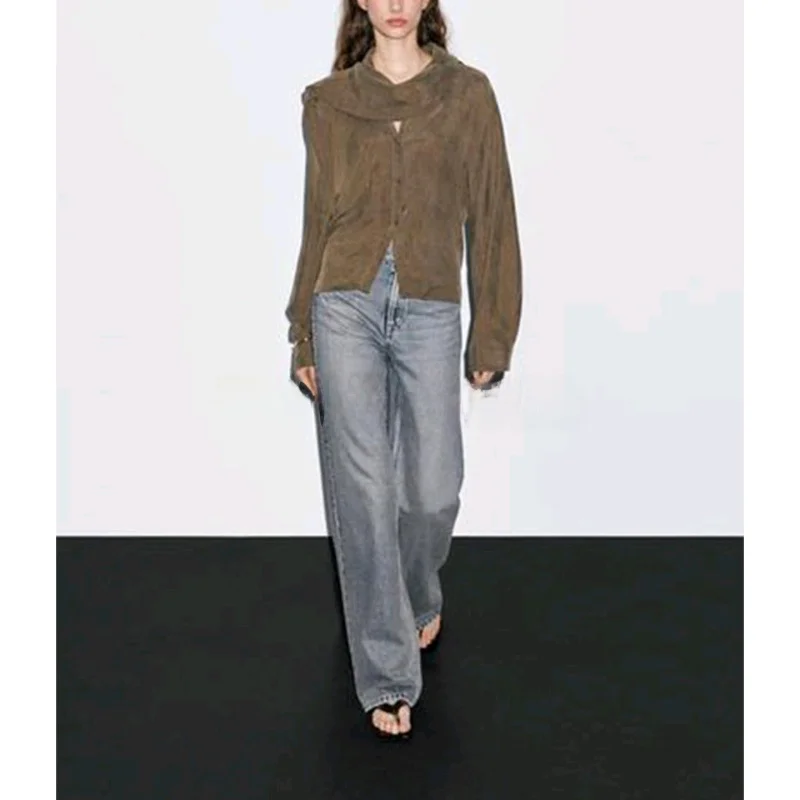 

Autumn New Women's irt Scarf Collar Long Sve Dra Design Casual Sle Cotton Polyester Blend Breathable Comfortable Fit