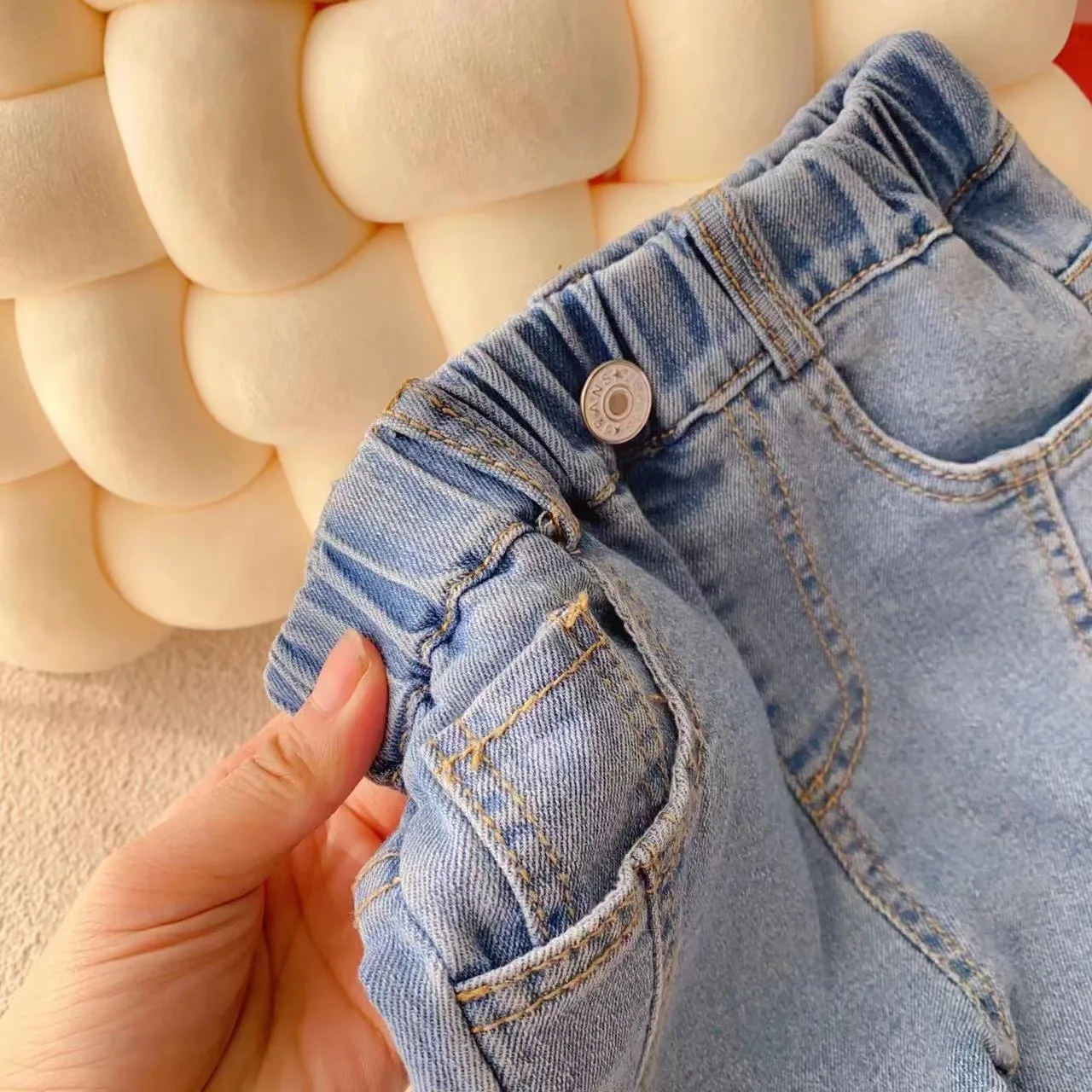 Girls Cute Princess Jeans Spring Children Baby Kids Denim Sweet Pearl Flare Pants Children's Cloths