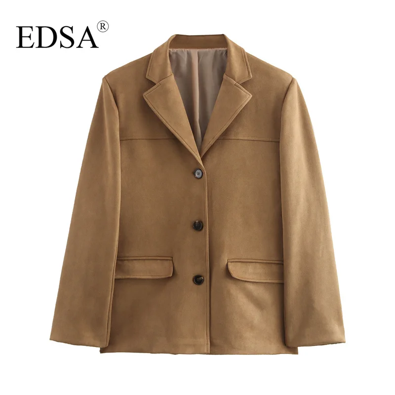 EDSA Women Suede Blazer Jacket with Flap Pockets for Office Lady Single Breasted Long Sleeves Suits Coat Outerwear