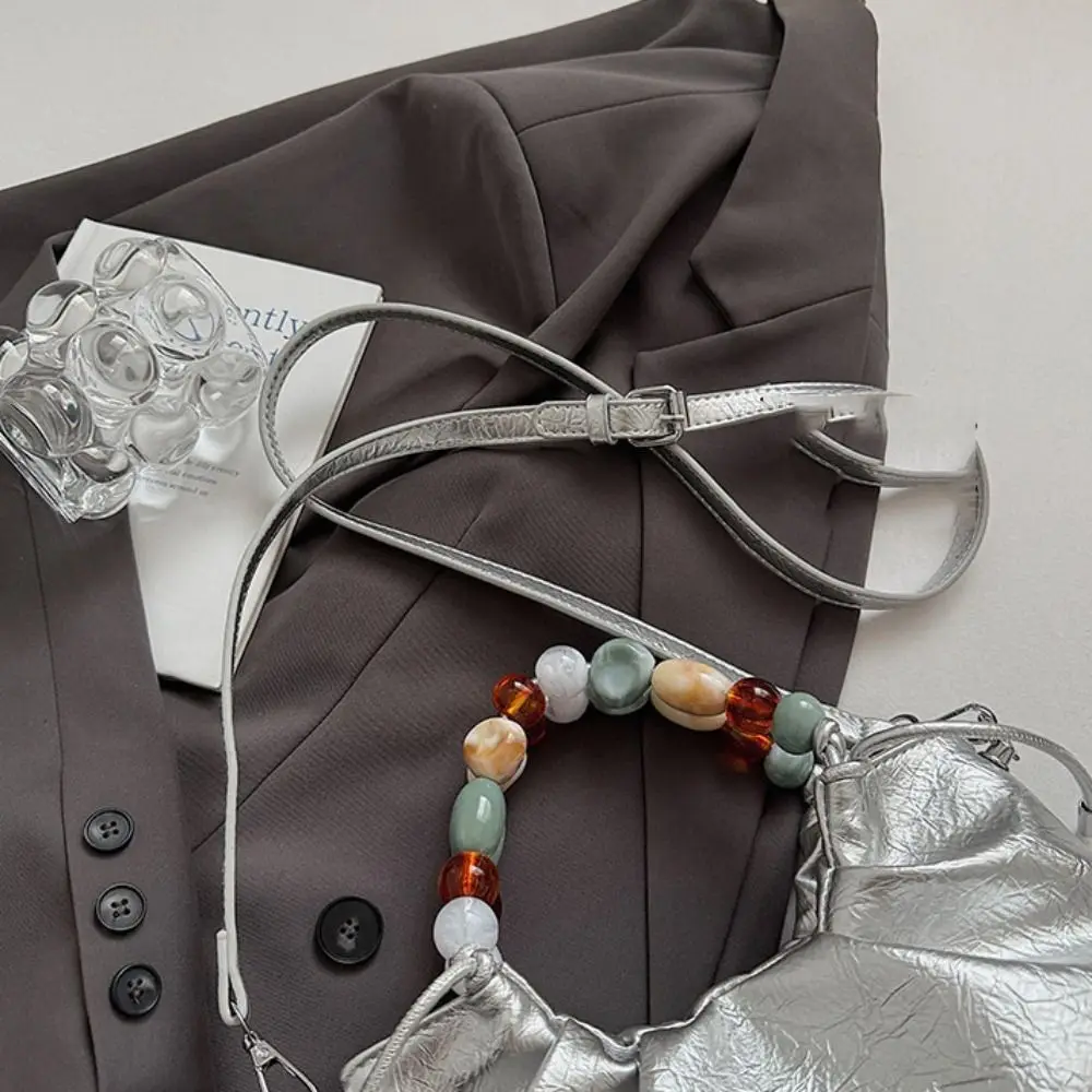 

Tote Bag Beading Handle Shoulder Bag Crossbody Bag Messenger Bags Silver PU Bag Letter Printing Korean Style