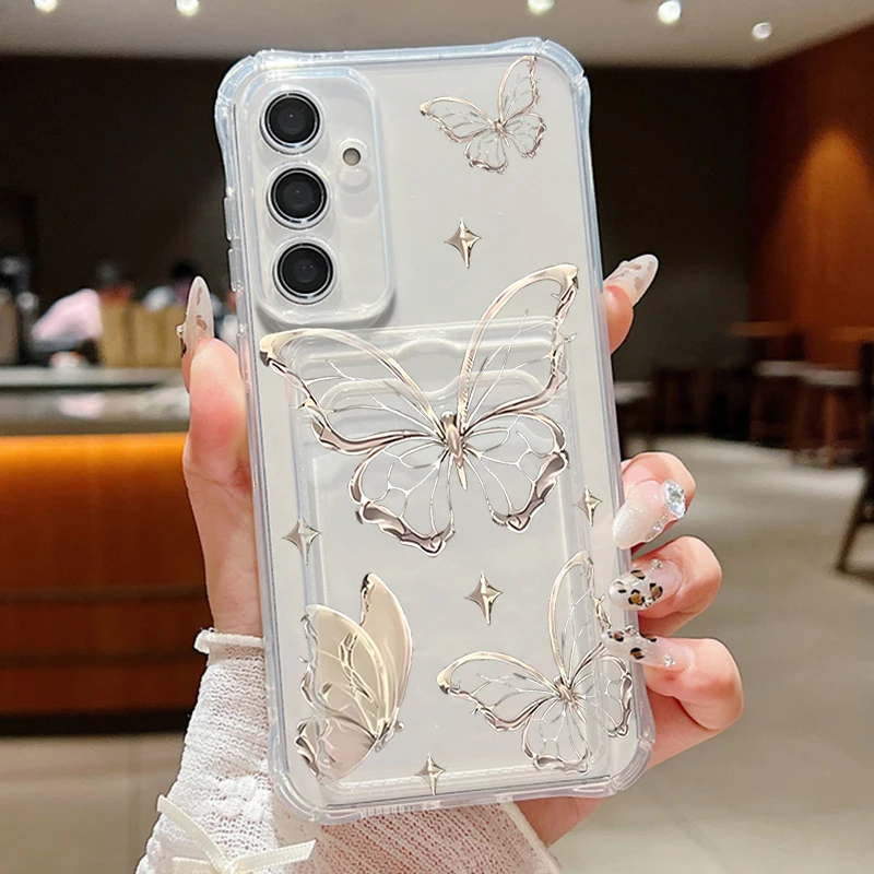 Étui de téléphone papillon doré pour Samsung Galaxy S24 FE S25 Edge S26 S23 S22 Ultra A37 A56 A17 A16 A55 A36 A15 avec porte-cartes et portefeuille