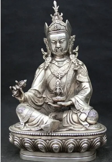 13" Tibet Tibetan Buddhism silver seat Guru Padmasambhava Rinpoche Statue