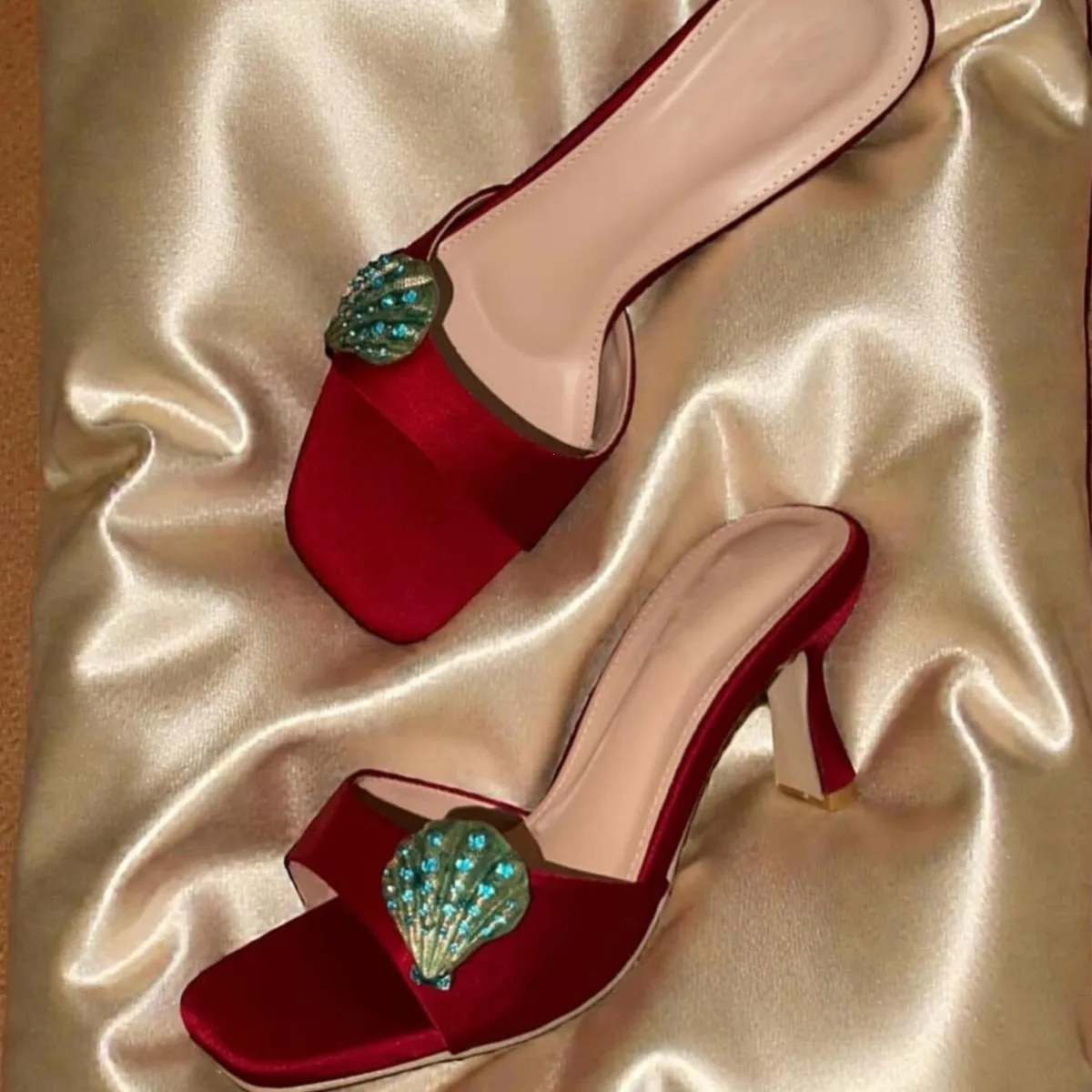 Thai Rhinestone Square Toe High Heel Sandals Women Summer Outdoor Block Heel Gorgeous Satin Slides Premium Footwear