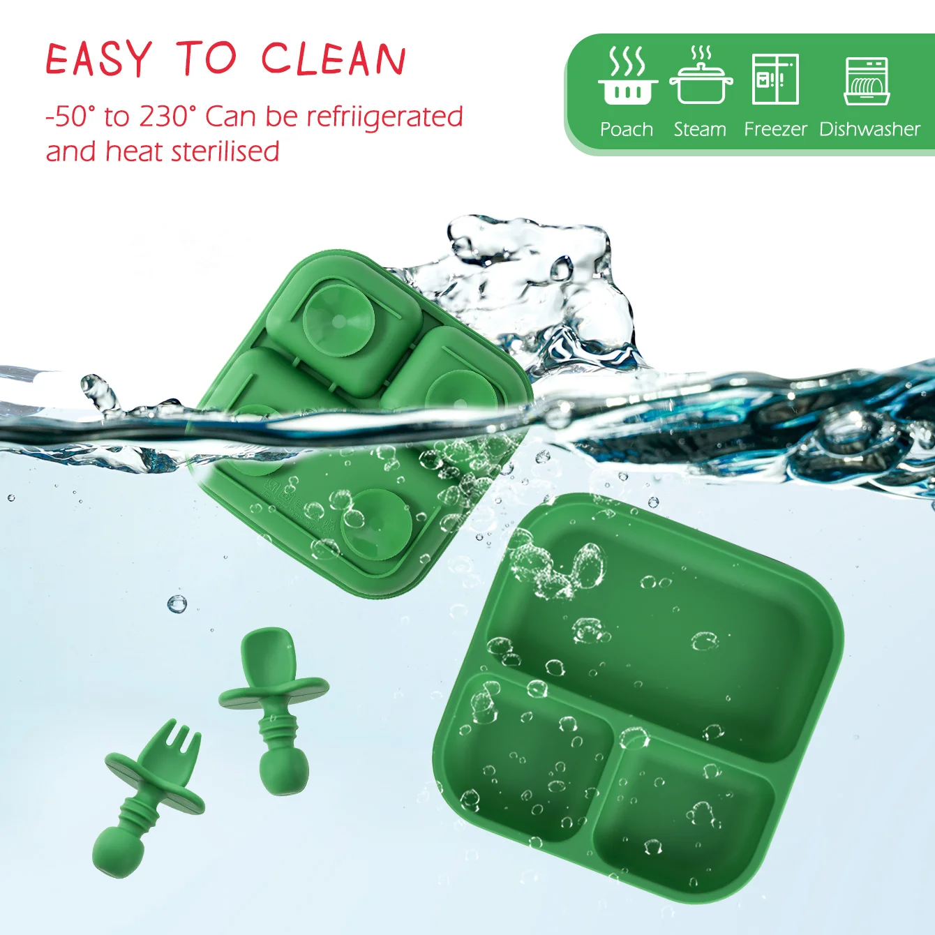 3PCS BPA 프리 실리콘 아기 식기 세트 사각 흡착 접시 훈련용 포크 스푼 이유식 식기 어린이 크리스마스 선물