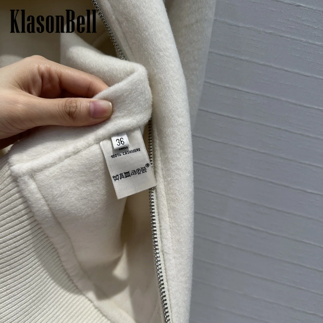 7.23 KlasonBell Women Double-Side Cashmere Jacket Ribbed Spliced Stand Collar Raglan Sleeve Zipper Coat 2024 Autumn Winter New