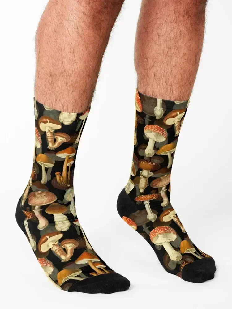 Vintage toxic mushrooms forest pattern on black Botanical Night Garden Socks Hiking boots Soccer anime Girl'S Socks Men's