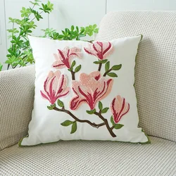 Yulan Flower Pillow Cover Embroidered Green Leaf Sofa Cushion Cover Office Waist Pillowcase Green 45x45