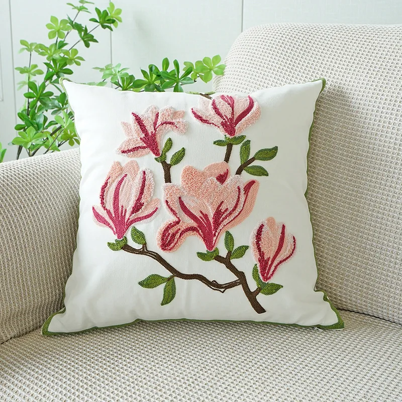 Yulan Flower Pillow Cover Embroidered Green Leaf Sofa Cushion Cover Office Waist Pillowcase Green 45x45