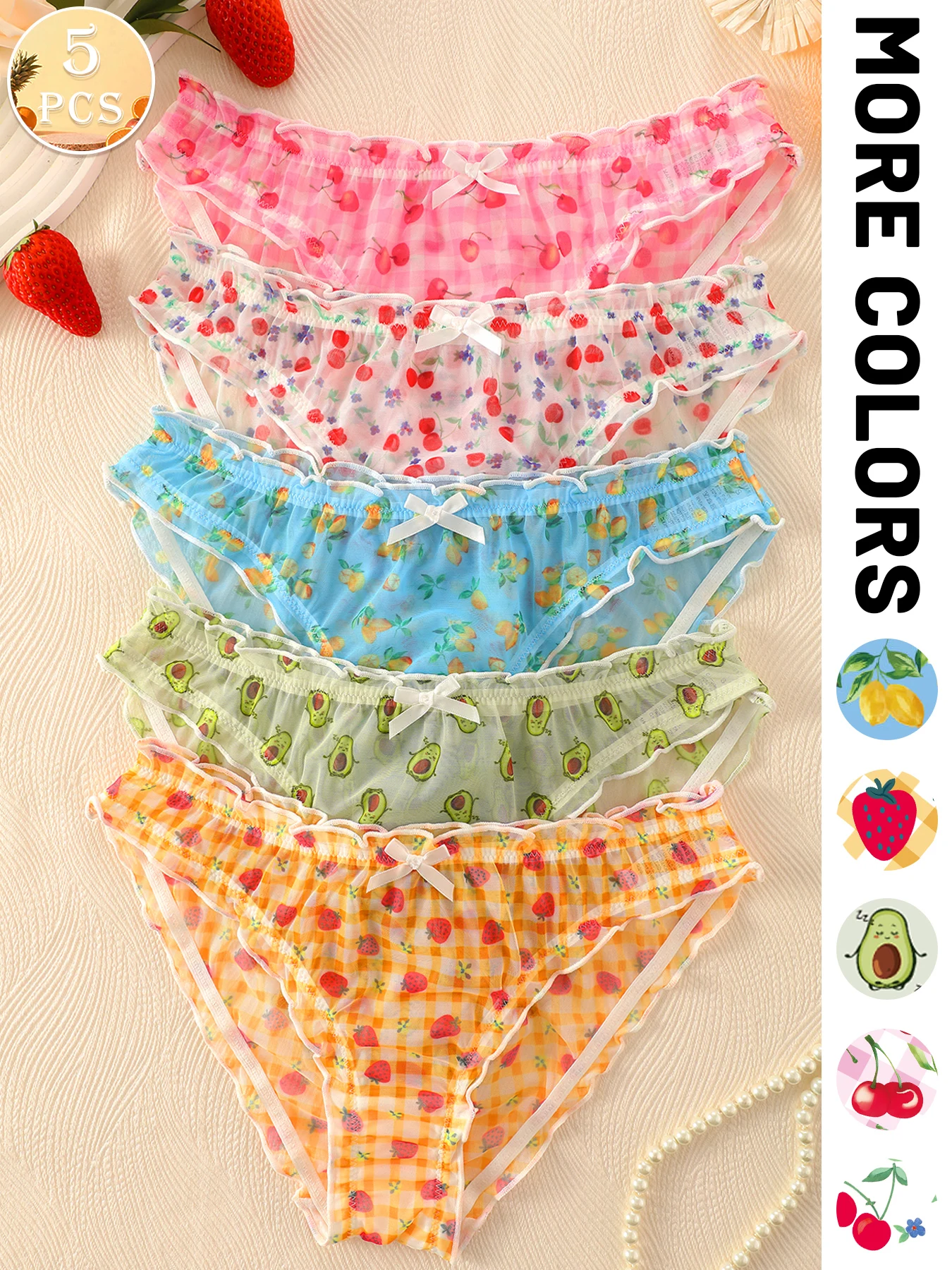 5 Pack Women's Ruffled Briefs, Fruit Print Bow Decor Low Rise Cute Panties