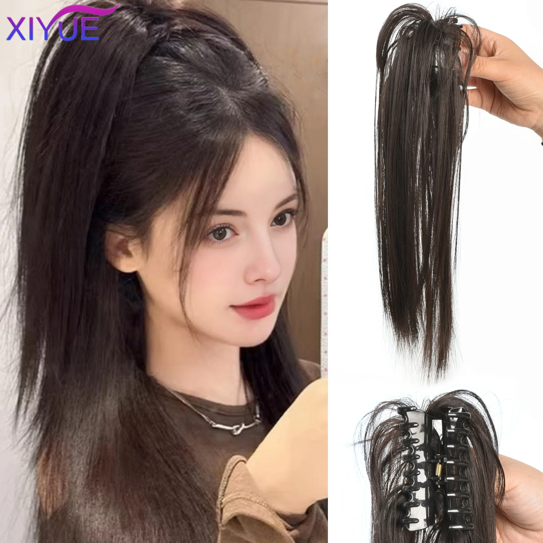 

Synthetic Short Straight Ponytail Hair Extension Fluffy Medium Length Black Brown Hairpiece for Women