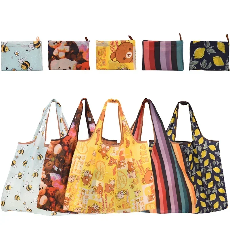 Pieghevole Bee Bear Cat Flower Pattern borsa per la spesa grande lavabile riutilizzabile facile da trasportare borse con capacità