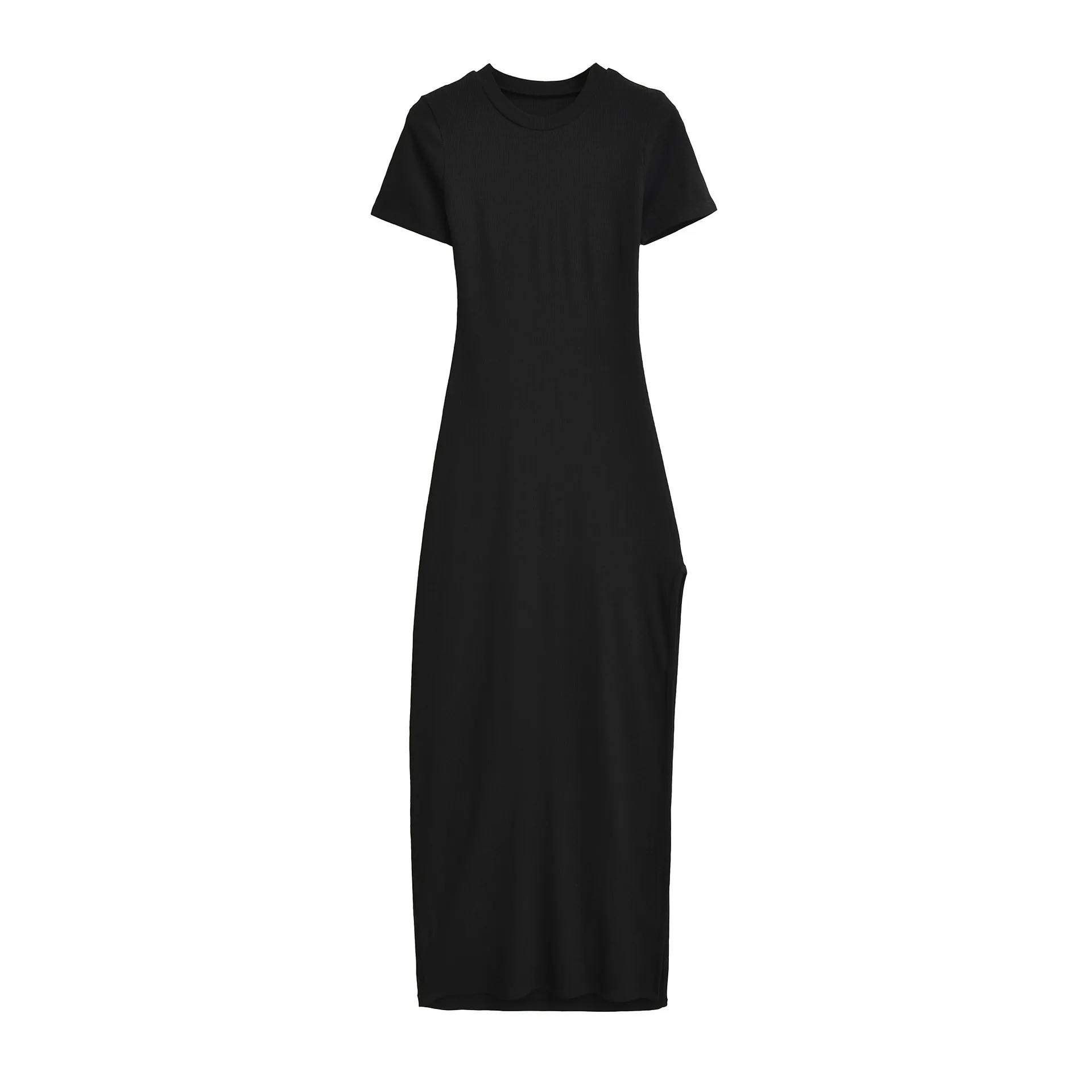 新作スパイシーガールスタイル ハイ スリット 半袖 無地 ロングワンピース レディース 夏新作 スリムウエスト ボディコン リブ編み Tシャツワンピース 428T