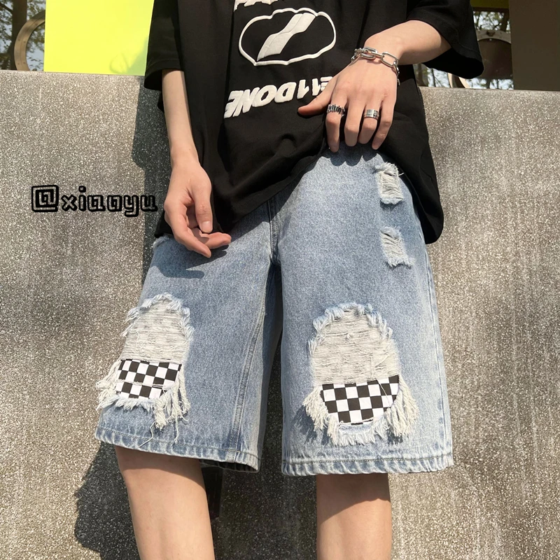 

Denim Shorts Men Casual Loose Daily Summer Plaid Spliced Knee-length Korean Style Soft Teenagers Fashion All-match High Street