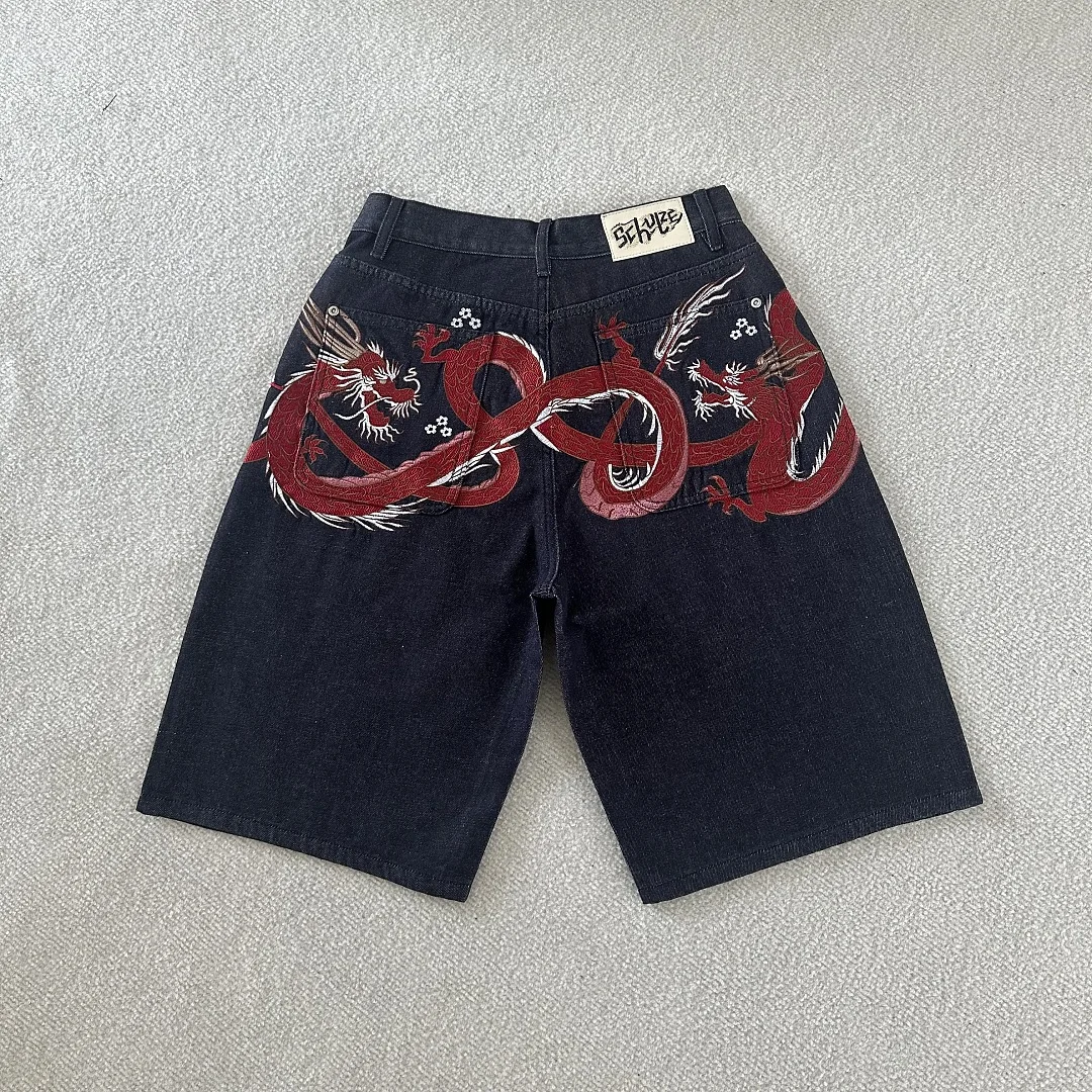 Top Grade DERT Red Dragon Printed Women Men Denim Pants Jeans Shorts Hiphop Men Streetwear Short Jeans Pants