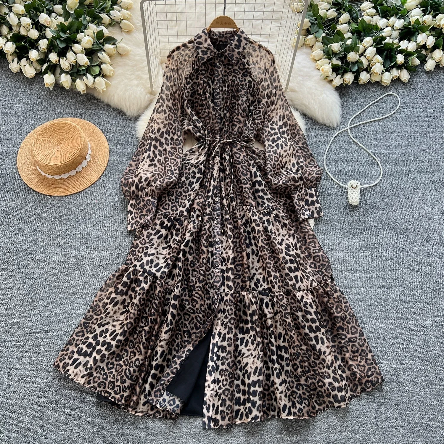 

Длинное женское платье с леопардовым принтом, винтажное, сетчатое, А-силуэт, на одной пуговице, с завязками, макси-платье для офиса, весна 2026