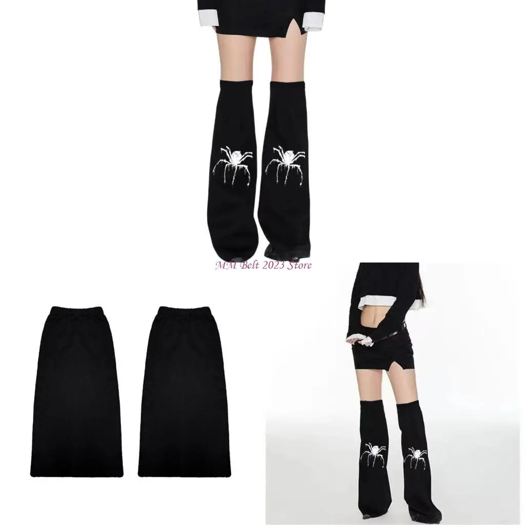 

49ME Womens Punk Overknee Black Denims Leg Warmers Aesthetic Spiders Print Flared Baggy Boot Covers Footless Socks Streetwear