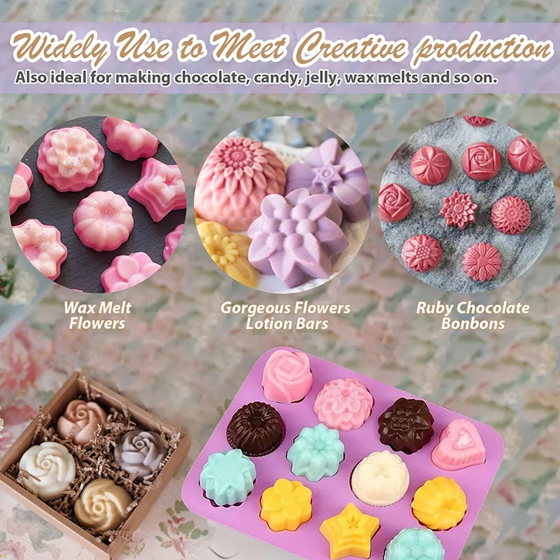 Silicone Flower Shapes Chocolate Ice Cube Jelly Blossom Rose Baking Tray Molds Unique Heart Star Food Grade Non-stick BPA free