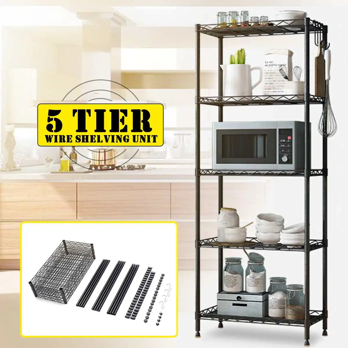 5 Tier Multi-use Carbon Steel Storage Rack Adjustable Kitchen Dishes Rack Book Shelves Storage Oragnizer Rack Stand Shelves