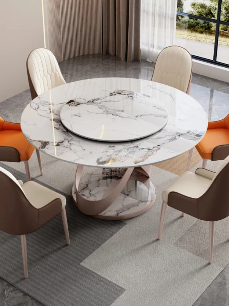 Modern simple round table with turntable light luxury bright rock slab round dining table