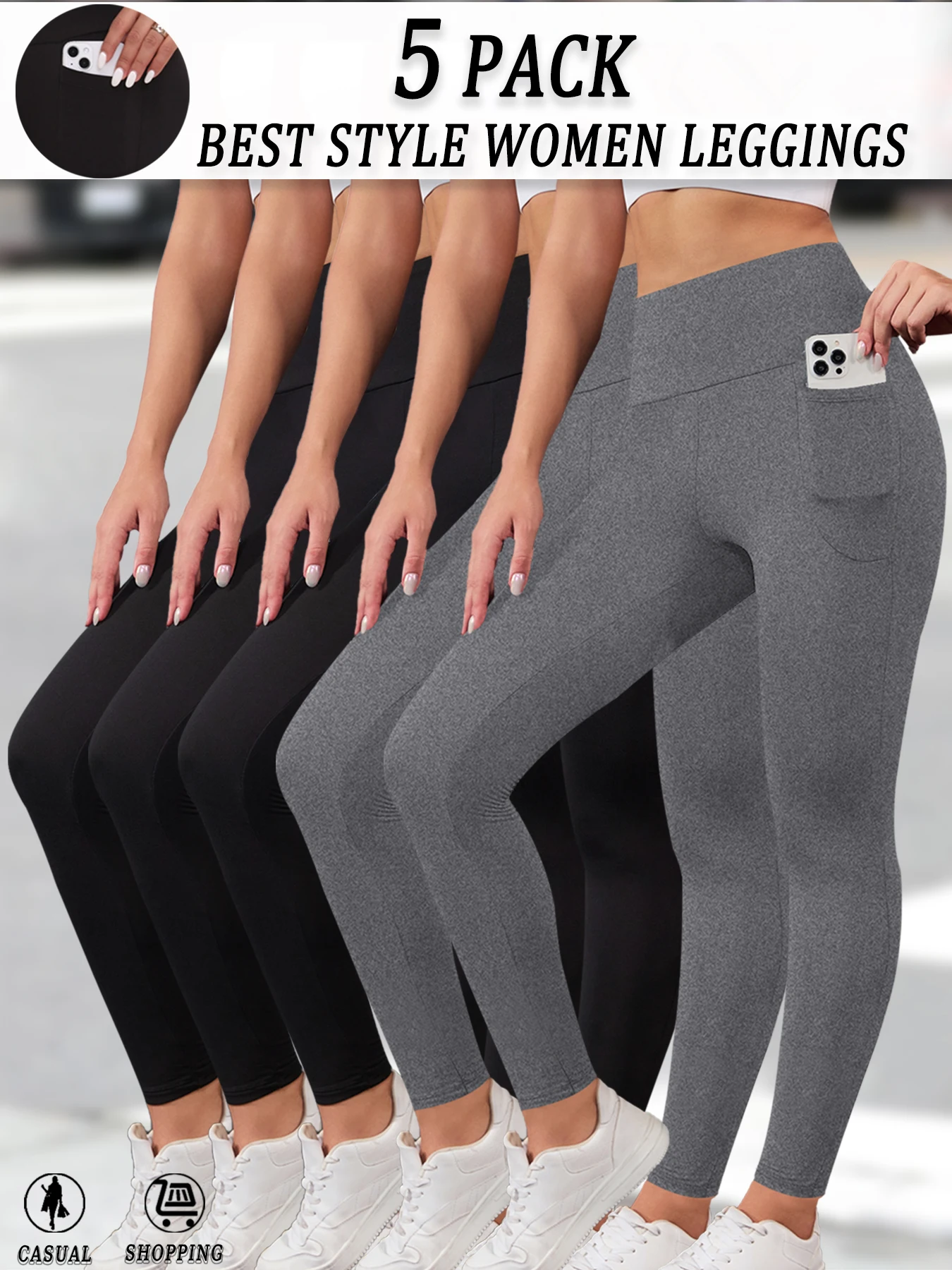 เลกกิ้งกีฬาเนื้อผ้านุ่มพิเศษ 5 ชิ้น พร้อมกระเป๋าสำหรับผู้หญิง เอวสูง เหมาะสำหรับออกกำลังกาย โยคะ วิ่ง กางเกงรัดรูป ยกกระชับ ฟิตเนส