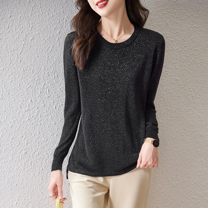 

Women's T Shirt Bright SIilk Tops Fall Winter Fashion O-Neck Soft Slim Elastic Tee Long Sleeve Tops Knit Women Clothes