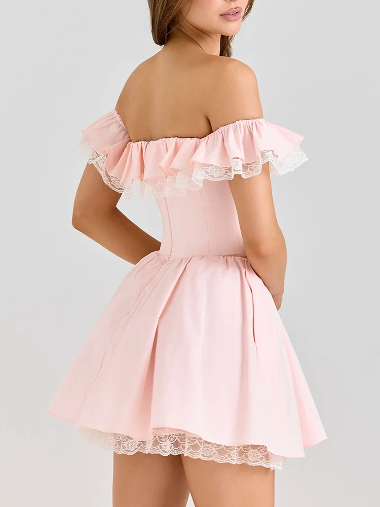 Minivestidos de estilo francés con hombros descubiertos para mujer, pajarita de encaje rosa con espalda descubierta y volantes, vestido de fiesta para vacaciones de verano para mujer, nuevo