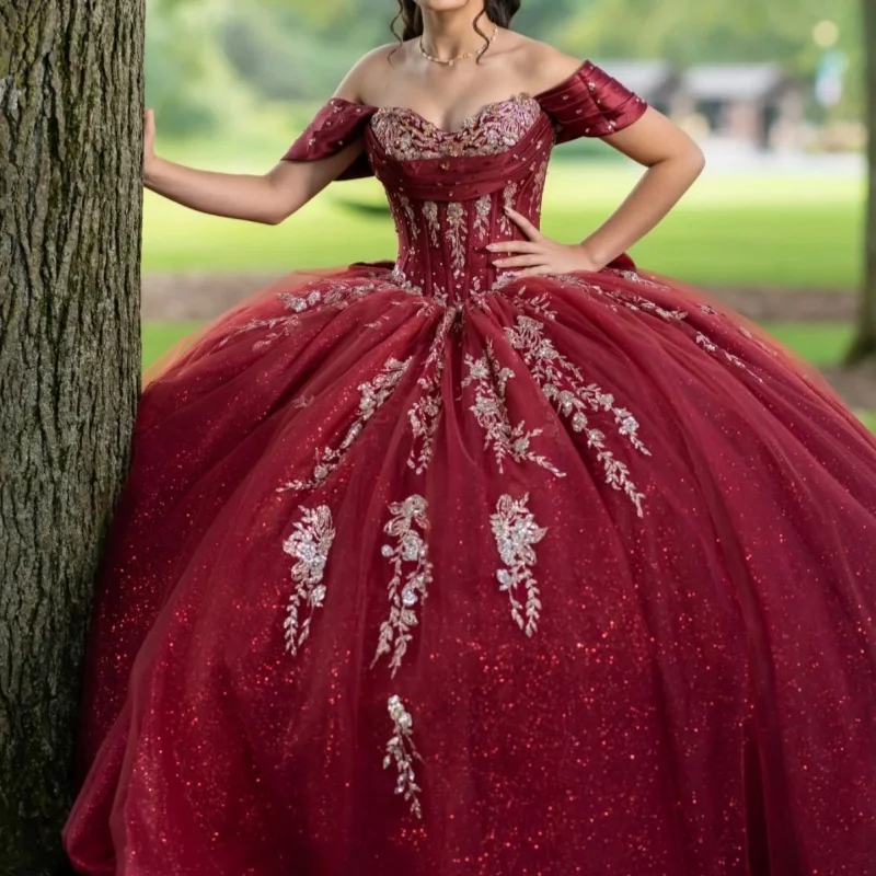 

Shiny Burgundy Quinceanera Dresses Off the Shoulder Glitter Decal Long tail Bow Vestido De 15 Quinceanera Customize