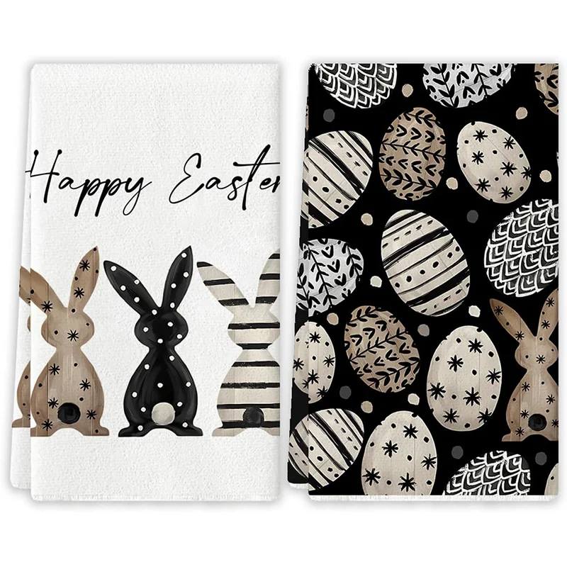 2Pcs, Easter Black Bunny Egg Kitchen Towels, 40Cm*60Cm Towel Set, Super Absorbent Soft Cleaning Cloth, Cooking Baking Tea Towel, Hand Towel, Cleaning Cloth, Dishcloth Kitchen Decoration, Living Room Decoration, Kitchen Essentials, Home Essentials