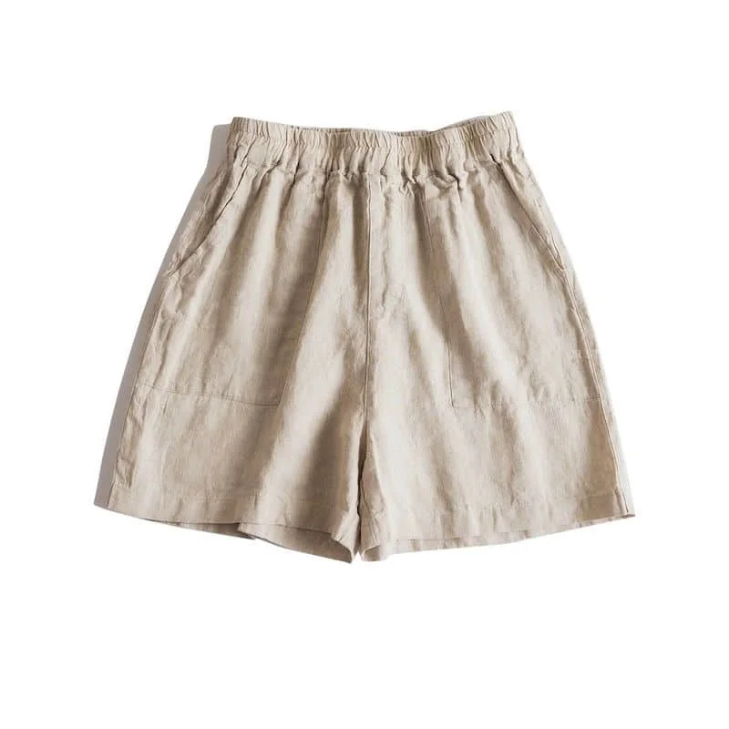 

Однотонные шорты, женские летние повседневные хлопковые и льняные прямые короткие брюки, корейский стиль, брюки с эластичной резинкой на талии и пятью точками, женская одежда