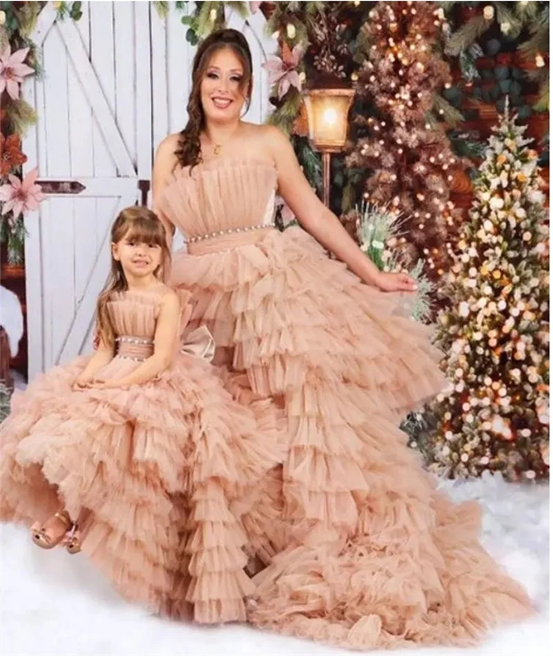 

Luxury Women Pregnant Wedding Prom Dress Sexy Strapless Maternity Bridal Evening Gown Tiered Tulle Mesh Customized Robe