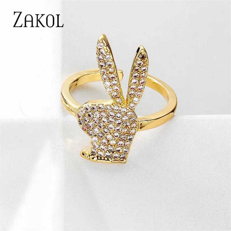 ZAKOL Cute Rabbit Open Rings for Women Fashion White Gold Color Party Jewelry 2023 New