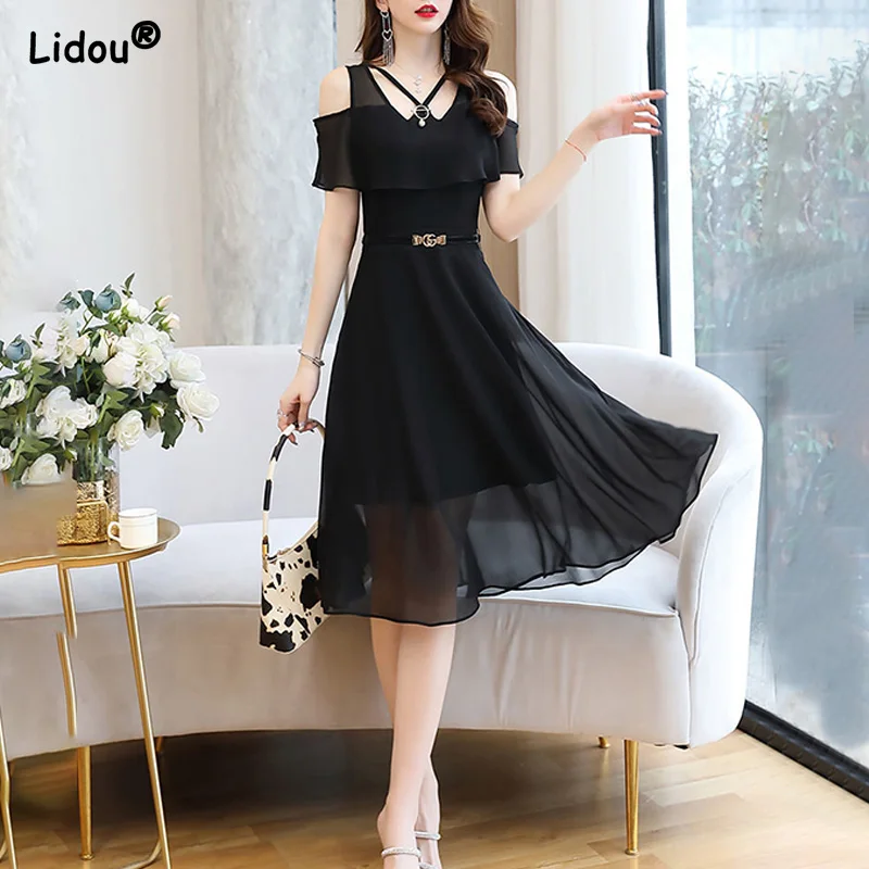 Elegant Fashion O-neck Off Shoulder Black Empire A-LINE Skirt Gift Belt Summer New Solid Color Dress Comfortable Women Clothing