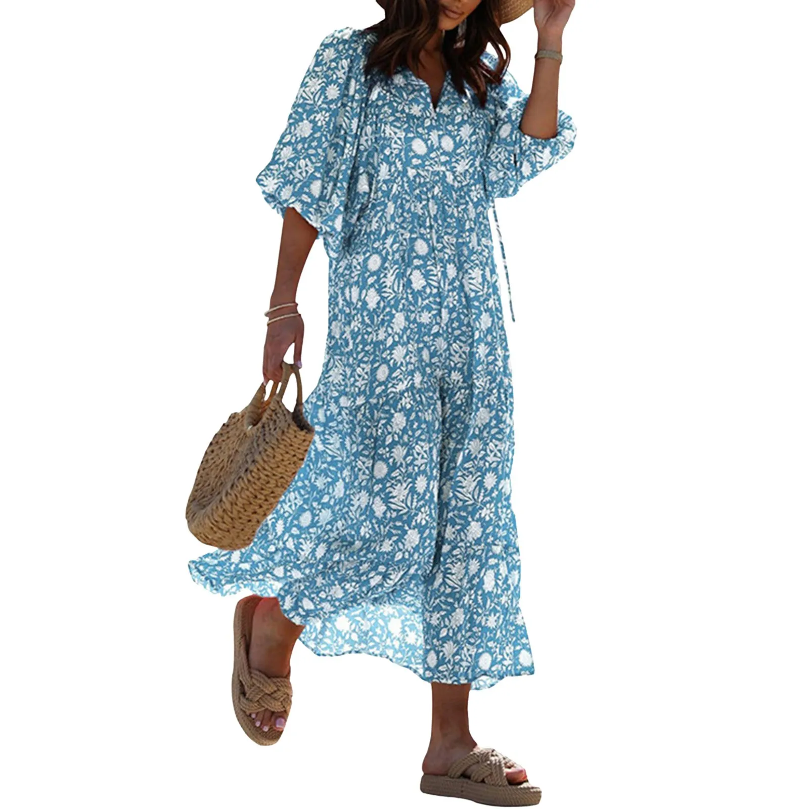 

Vantage Floral Printing Vacation Dress V-Neck Loose Fit Casual Dresses Women's Half Sleeved Comfortable Beach Long Dress