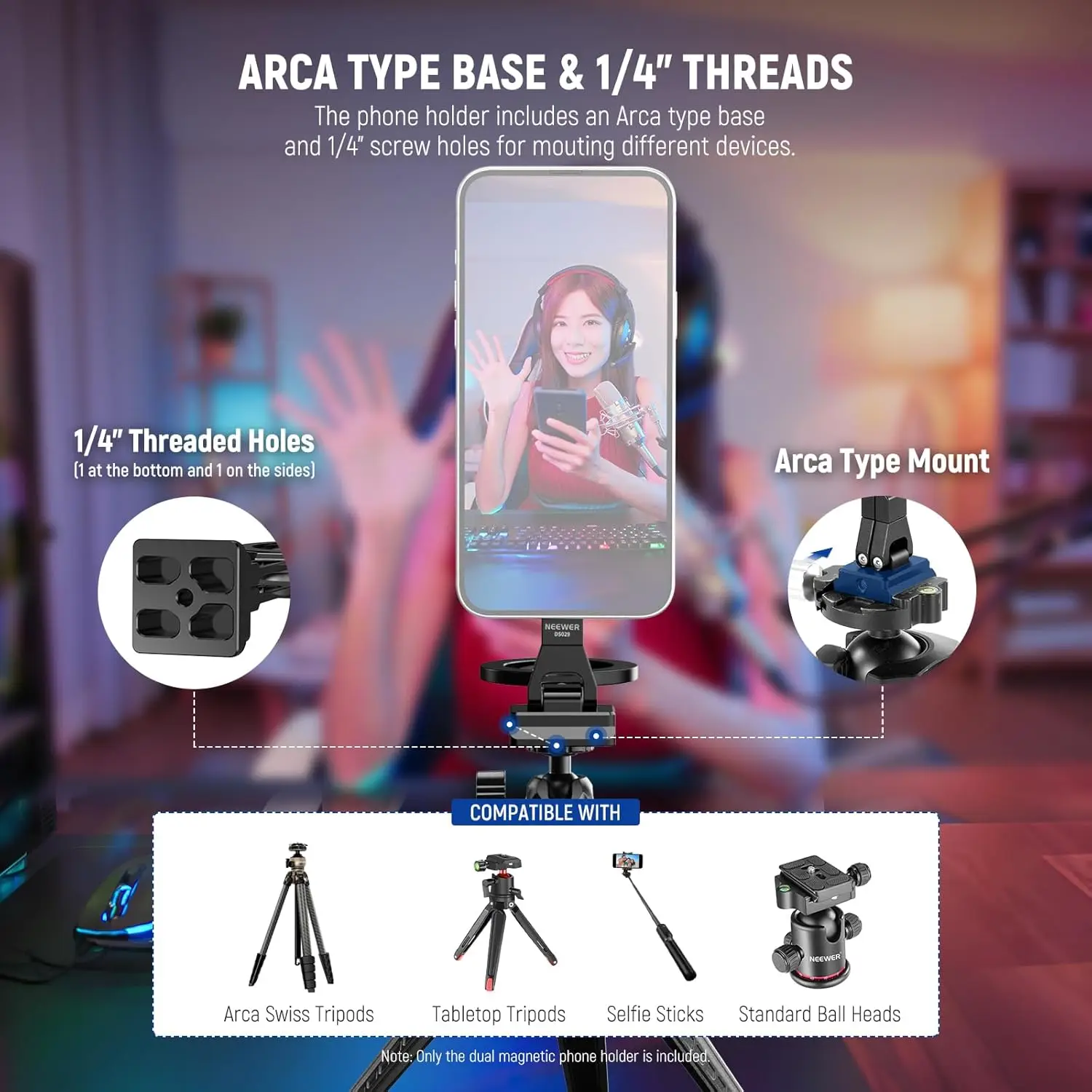 NEEWER Supporto per treppiede con doppio supporto magnetico per telefono con base tipo Arca per registrazione video Android MagSafe iPhone Samsung