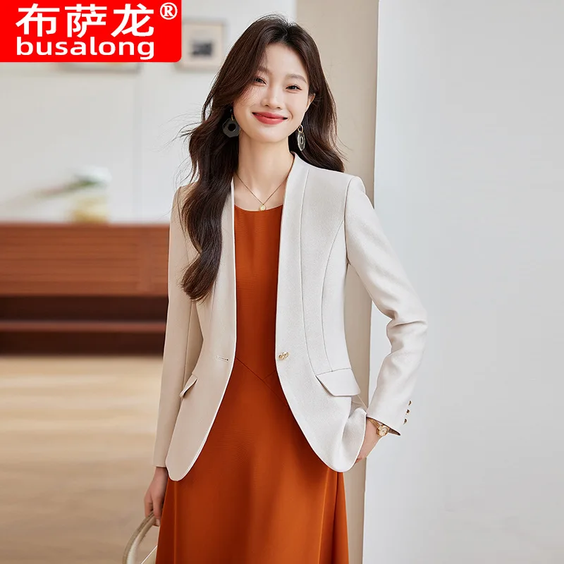 سترة متعددة الاستخدامات لربيع وخريف 2025 بدون ياقة ملابس احترافية ملابس عمل نسائية بدلة تنورة نسائية سترة معطف راقية لـ