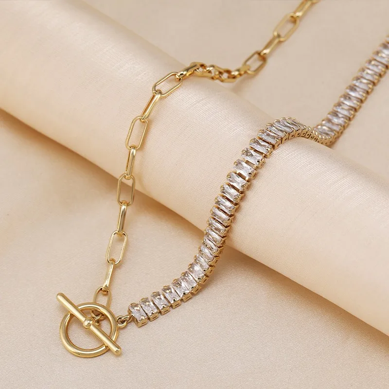 

Fashionable clothing collarbone chain, asymmetrical titanium steel zircon women's short necklace, metal-style necklace